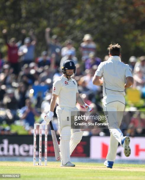 England batsman Mark Stoneman reacts after being caught by Tom Latham during day one of the Second Test Match between the New Zealand Black Caps and...