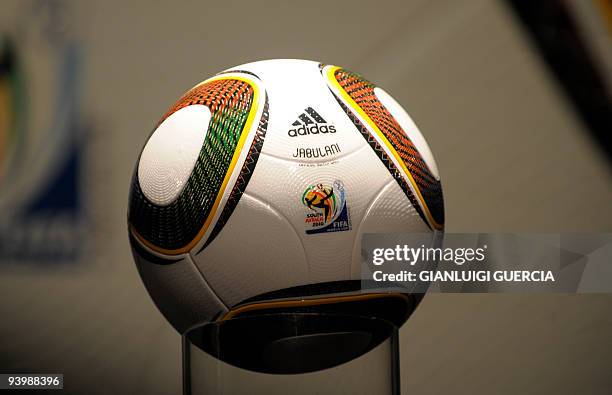 The official Adidas match ball for the 2010 World Cup called 'Jabulani' is presented to the press on December 4, 2009 in Cape Town. AFP PHOTO /...