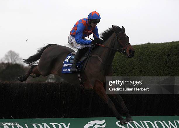 Ruby Walsh and Twist Magic clear the 2nd fence before going on to win TheKeith Prowse Hospitality Tinglre Creek Steeple Chase Race run at Sandown...