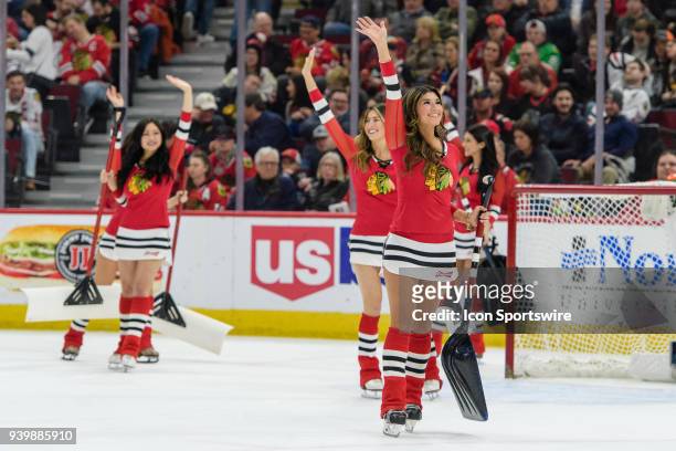 Chicago Blackhawks Ice Crew members during an NHL hockey game between the Winnipeg Jets and the Chicago Blackhawks on March 29 at the United Center...