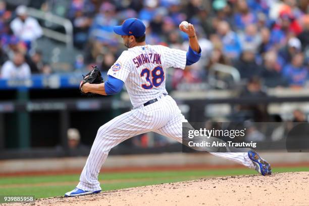 Anthony Swarzak of the New York Mets pitches during the game against the St. Louis Cardinals at Citi Field on Thursday, March 29, 2018 in the Queens...