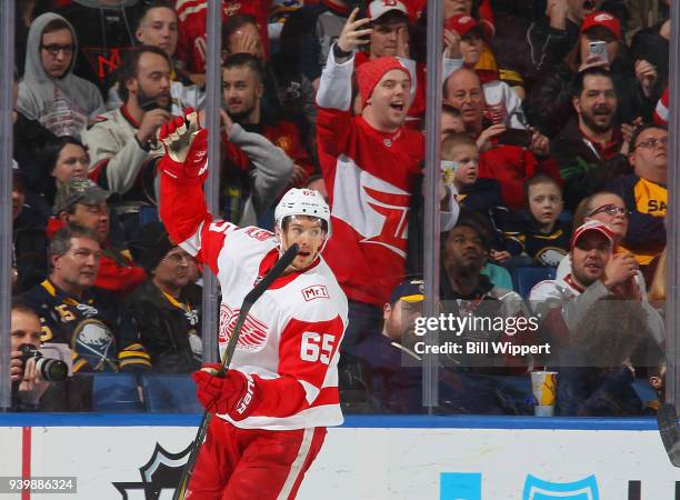 Danny DeKeyser of the Detroit Red Wings celebrates his third period goal against the Buffalo Sabres an NHL game on March 29, 2018 at KeyBank Center...