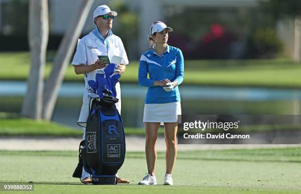 Beatriz Recari of Spain waits to play her third shot on the par 5, 18th hole during the first round of the 2018 ANA Inspiration on the Dinah Shore...