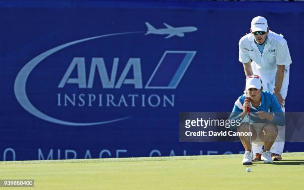 Beatriz Recari of Spain lines up a putt on the par 5, 18th hole during the first round of the 2018 ANA Inspiration on the Dinah Shore Tournament...