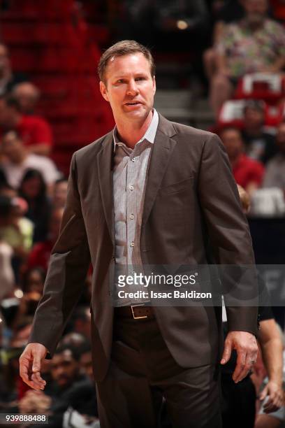 Coach Fred Hoiberg of the Chicago Bulls looks on during the game against the Miami Heat on March 29, 2018 at American Airlines Arena in Miami,...