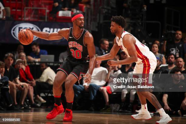 Noah Vonleh of the Chicago Bulls handles the ball during the game against the Miami Heat on March 29, 2018 at American Airlines Arena in Miami,...