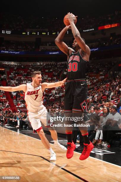 Noah Vonleh of the Chicago Bulls shoots the ball during the game against the Miami Heat on March 29, 2018 at American Airlines Arena in Miami,...