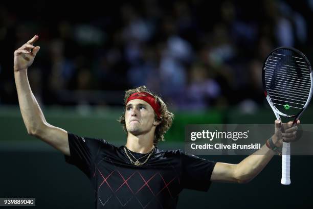 Alexander Zverev of Germany celebrates a point against Borna Coric of Croatia in their quarterfinal match during the Miami Open Presented by Itau at...