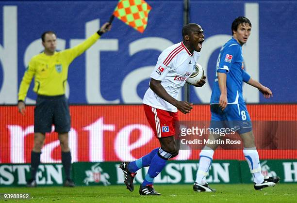Guy Demel of Hamburg shouts during the Bundesliga match between Hamburger SV and 1899 Hoffenheim at the HSH Nordbank Arena on December 5, 2009 in...