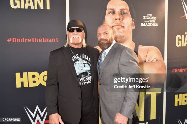 Hulk Hogan and Triple H attend the Los Angeles Premiere of Andre The Giant from HBO Documentaries on March 29, 2018 in Los Angeles, California.