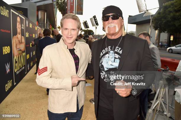 Cary Elwes and Hulk Hogan attend the Los Angeles Premiere of Andre The Giant from HBO Documentaries on March 29, 2018 in Los Angeles, California.