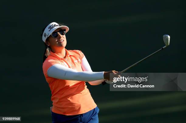 Mariajo Uribe of Colombia plays her second shot on the par 4, seventh hole during the first round of the 2018 ANA Inspiration on the Dinah Shore...