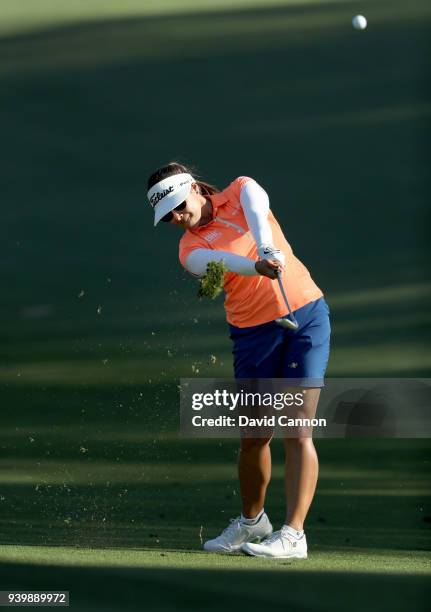 Mariajo Uribe of Colombia plays her second shot on the par 4, seventh hole during the first round of the 2018 ANA Inspiration on the Dinah Shore...