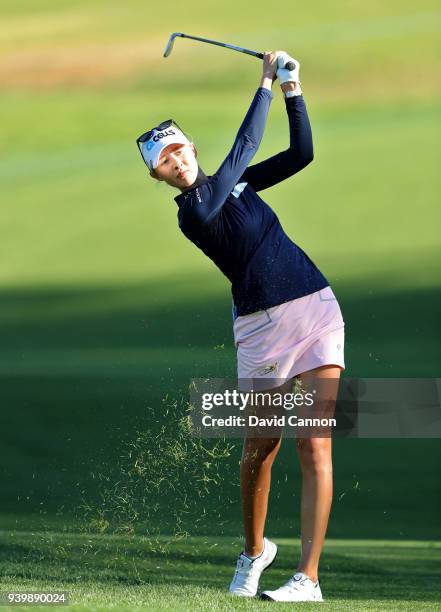Nelly Korda of the United States plays her second shot on the par 4, seventh hole during the first round of the 2018 ANA Inspiration on the Dinah...
