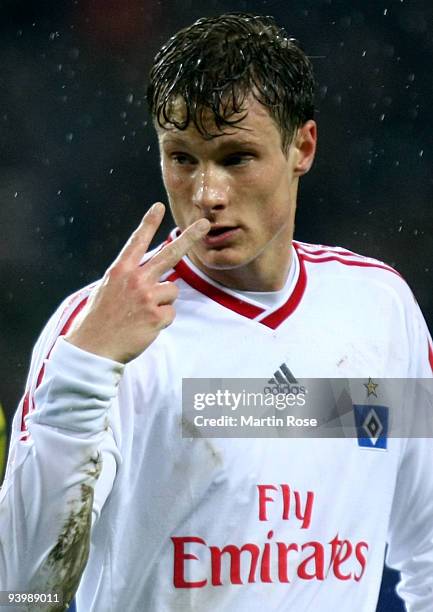 Marcell Jansen of Hamburg gestures during the Bundesliga match between Hamburger SV and 1899 Hoffenheim at the HSH Nordbank Arena on December 5, 2009...