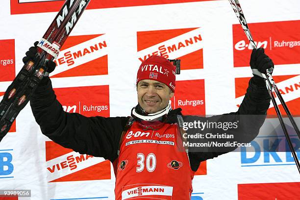 Ole Einar Bjoerndalen of Norway during the Flower Ceremony after the Men's 10 km Sprint the E.ON Ruhrgas IBU Biathlon World Cup on December 5, 2009...