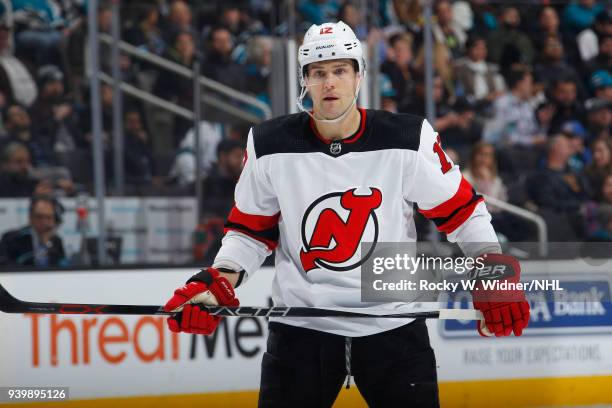 Ben Lovejoy of the New Jersey Devils looks on during the game against the San Jose Sharks at SAP Center on March 20, 2018 in San Jose, California....