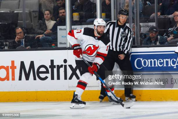 Patrick Maroon of the New Jersey Devils skates with the puck against the San Jose Sharks at SAP Center on March 20, 2018 in San Jose, California....