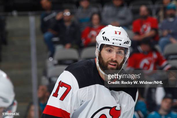 Patrick Maroon of the New Jersey Devils looks on during the game against the San Jose Sharks at SAP Center on March 20, 2018 in San Jose, California....
