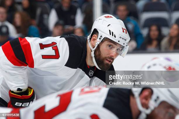Patrick Maroon of the New Jersey Devils looks on during the game against the San Jose Sharks at SAP Center on March 20, 2018 in San Jose, California....