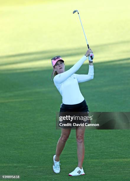 Paula Creamer of the United States plays her second shot on the par 4, seventh hole during the first round of the 2018 ANA Inspiration on the Dinah...