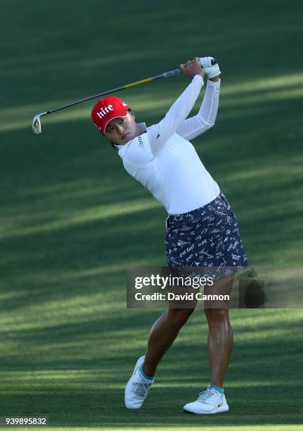 Jin Young Ko of South Korea waits to play her second shot on the par 4, seventh hole during the first round of the 2018 ANA Inspiration on the Dinah...