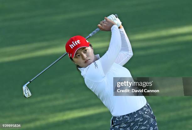 Jin Young Ko of South Korea waits to play her second shot on the par 4, seventh hole during the first round of the 2018 ANA Inspiration on the Dinah...