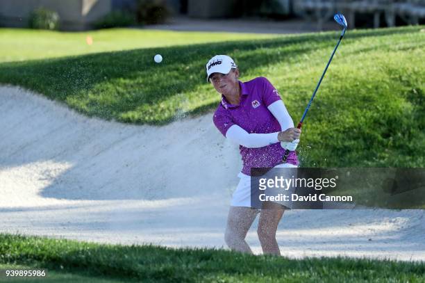 Stacy Lewis of the United States plays her third shot on the par 4, seventh hole during the first round of the 2018 ANA Inspiration on the Dinah...