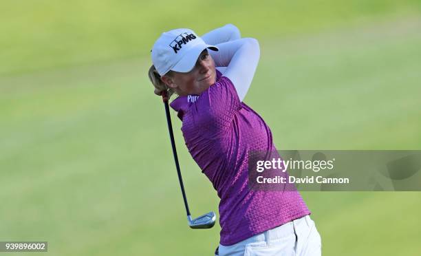 Stacy Lewis of the United States plays her second shot on the par 4, seventh hole during the first round of the 2018 ANA Inspiration on the Dinah...
