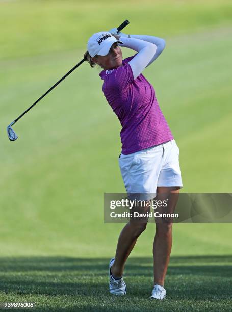 Stacy Lewis of the United States plays her second shot on the par 4, seventh hole during the first round of the 2018 ANA Inspiration on the Dinah...