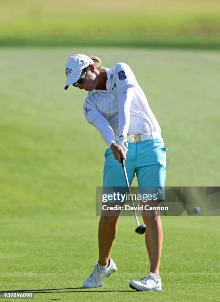Alena Sharp of Canada plays her second shot on the par 5, 18th hole during the first round of the 2018 ANA Inspiration on the Dinah Shore Tournament...