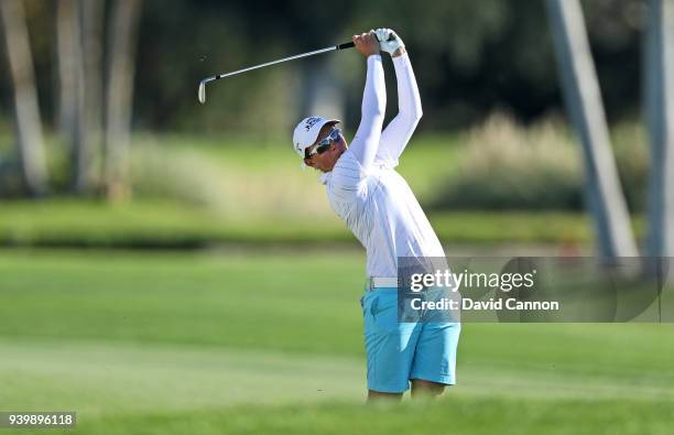 Alena Sharp of Canada plays her third shot on the par 5, 18th hole during the first round of the 2018 ANA Inspiration on the Dinah Shore Tournament...