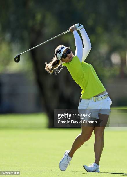 Hannah Green of Australia plays her second shot on the par 5, ninth hole during the first round of the 2018 ANA Inspiration on the Dinah Shore...