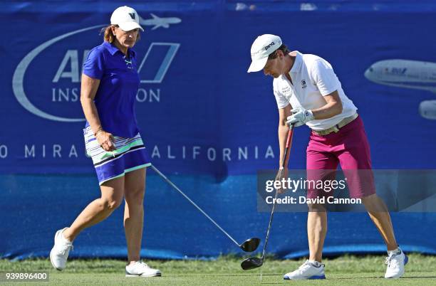 Juli Inkstert of the Ubited States and Catriona Matthew of Scotland the 2019 Solheim Cup Captains on the tee at the par 4, tenth hole during the...