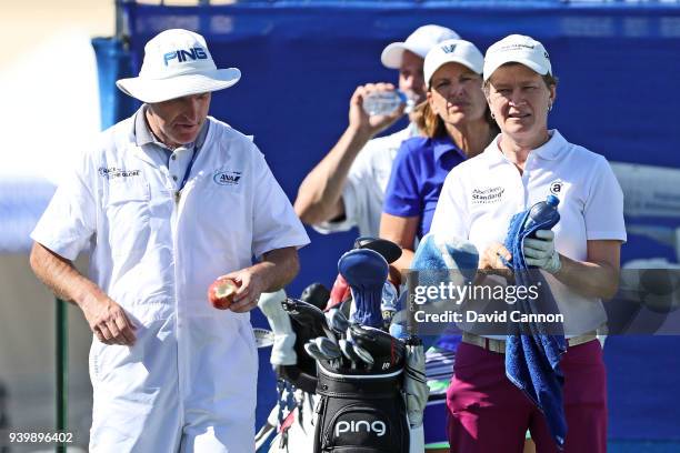 Juli Inkstert of the Ubited States and Catriona Matthew of Scotland the 2019 Solheim Cup Captains on the tee at the par 4, tenth hole during the...