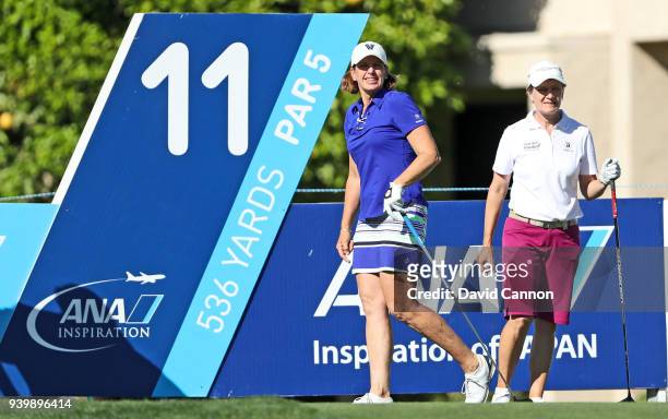 Juli Inkster of the United States and Catriona Matthew of Scotland the 2019 Solheim Cup Captains on the tee at the par 4, tenth hole during the first...