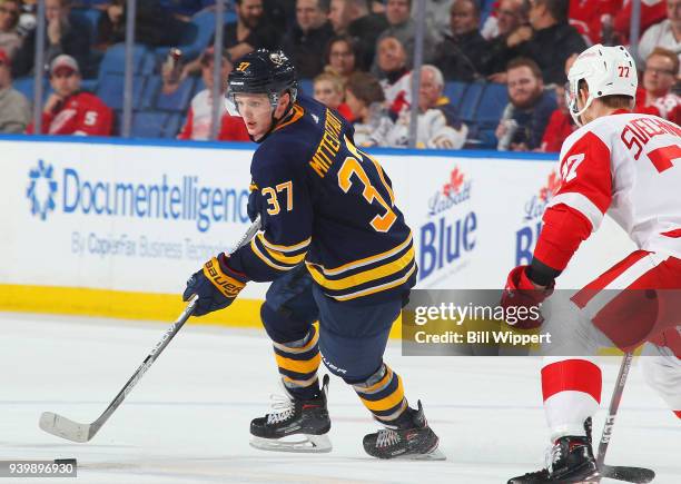 Casey Mittelstadt of the Buffalo Sabres skates in his first NHL game against the Detroit Red Wings on March 29, 2018 at KeyBank Center in Buffalo,...