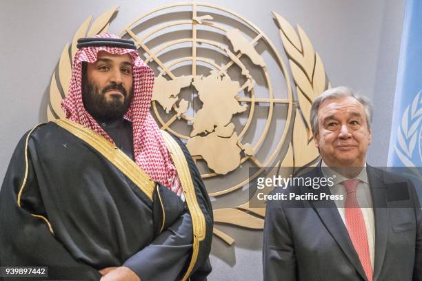 Saudi Crown Prince Mohammed and Secretary-General Guterres are seen during the signing ceremony. Prince Mohammed bin Salman Al Saud, Crown Prince of...