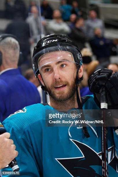 Barclay Goodrow of the San Jose Sharks speaks with media after defeating the New Jersey Devils at SAP Center on March 20, 2018 in San Jose,...