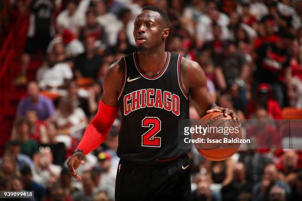 Jerian Grant of the Chicago Bulls handles the ball during the game against the Miami Heat on March 29, 2018 at American Airlines Arena in Miami,...