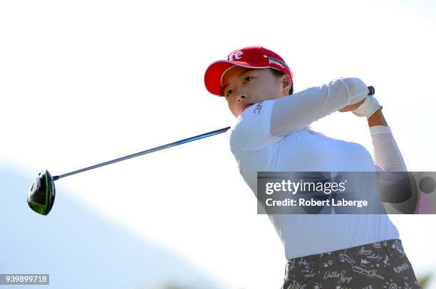 Jin Young Ko of South Korea makes a tee shot on the ninth hole during round one of the ANA Inspiration on the Dinah Shore Tournament Course at...