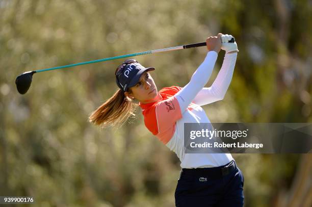 Azahara Munoz of Spain hits a tee shot on the seventh hole during round one of the ANA Inspiration on the Dinah Shore Tournament Course at Mission...