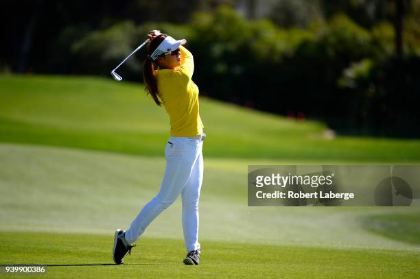 Hee Young Park of South Korea hits an approach shot on the sixth hole during round one of the ANA Inspiration on the Dinah Shore Tournament Course at...