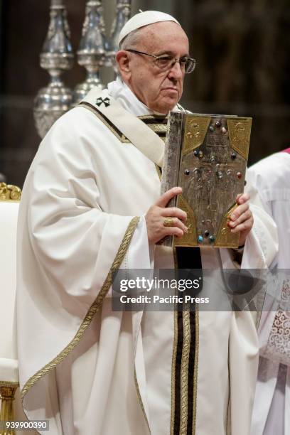 Pope Francis leads the Chrism Mass for Holy Thursday which marks the start of Easter celebrations in St. Peter's Basilica in Vatican City. The Chrism...