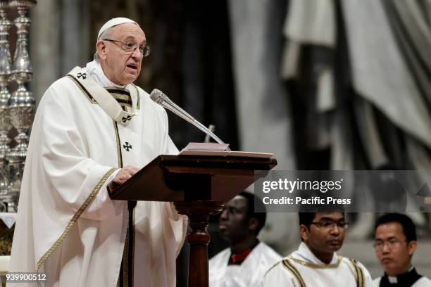 Pope Francis leads the Chrism Mass for Holy Thursday which marks the start of Easter celebrations in St. Peter's Basilica in Vatican City. The Chrism...