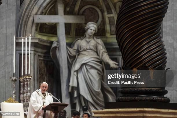 Pope Francis leads the Chrism Mass for Holy Thursday which marks the start of Easter celebrations in St. Peter's Basilica in Vatican City. The Chrism...