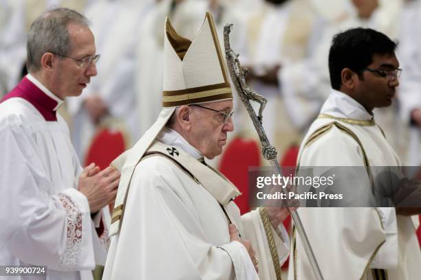 Pope Francis leads the Chrism Mass for Holy Thursday which marks the start of Easter celebrations in St. Peter's Basilica in Vatican City. The Chrism...