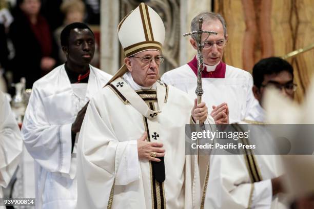 Pope Francis leads the Chrism Mass for Holy Thursday which marks the start of Easter celebrations in St. Peter's Basilica in Vatican City. The Chrism...