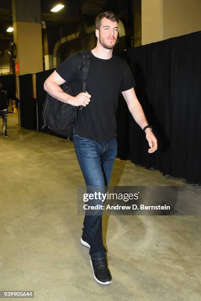 Marshall Plumlee of the Milwaukee Bucks arrives before the game against the Golden State Warriors on March 29, 2018 at ORACLE Arena in Oakland,...