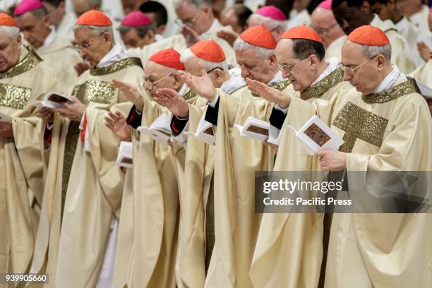 Pope Francis leads the Chrism Mass for Holy Thursday which marks the start of Easter celebrations in St. Peter's Basilica in Vatican City. The Chrism...